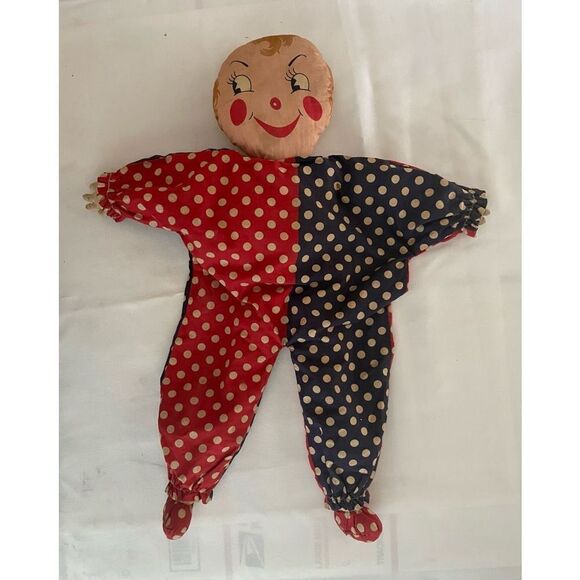 Vintage Stuffed Clown Doll Red Blue White Polka Dot Fabric Handmade 20" - Picture 8 of 8